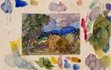 Paysage montagneux, étude pour un émail by Félix Bracquemond, Aquarelle sur traits de crayon, sold Oct 2024
