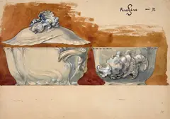 Dessin préparatoire pour une soupière, service Parabère by Félix Bracquemond, Aquarelle, fusain et rehauts de gouache blanche, sold Oct 2024