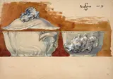 Dessin préparatoire pour une soupière, service Parabère by Félix Bracquemond, Aquarelle, fusain et rehauts de gouache blanche, sold Oct 2024