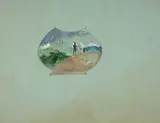 Projet de vase au couple à la mode médiévale devant un château by Félix Bracquemond, Aquarelle gouachée sur traits de crayon sur papier bleu, sold Oct 2024