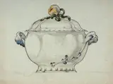 Projet de soupière à fleurs et à rubans by Félix Bracquemond, Plume et encre brune, lavis gris, aquarelle gouachée sur traits de crayon sur papier bleu, sold Oct 2024