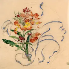 Ensemble de six études pour le service « Fleurs et rubans by Félix Bracquemond, circa 1878, Aquarelle gouachée sur traits de crayon sur papier calque, sold Oct 2024