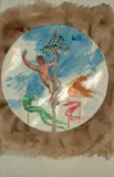 Projet d’assiette, femme sur un mât de cocagne by Félix Bracquemond, Aquarelle gouachée sur traits de crayon sur papier bleu, sold Oct 2024