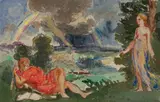 Projet d’émail : figure allongée devant un paysage orageux à l’arc-en-ciel by Félix Bracquemond, Aquarelle gouachée, sanguine et crayon noir, sold Oct 2024