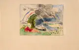 Projet d’émail : figure allongée devant un paysage orageux à l’arc-en-ciel by Félix Bracquemond, Aquarelle gouachée et rehauts d’or sur traits de crayon, sold Oct 2024