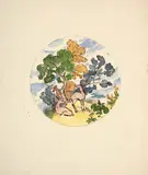 Projet d’assiette, biche et brocard dans un paysage arboré by Félix Bracquemond, Aquarelle gouachée sur traits de crayon, sold Oct 2024
