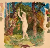 'Le Verger', femme cueillant des fruits, étude de plat by Félix Bracquemond, circa 1876, Aquarelle sur traits de crayon, sold Oct 2024
