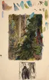 Feuille d’études : couple s’enlaçant et paysage au lac by Félix Bracquemond, Plume et encre brune, lavis gris et aquarelle, encre ferro-gallique sur traits de crayon, sold Oct 2024