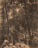 Un déterrage de blaireau by Félix Bracquemond, Fusain sur papier rose, sold Oct 2024