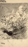 Deux chiens poursuivant un canard by Félix Bracquemond, Lavis gris et noir sur traits de crayon et de sanguine, sold Oct 2024