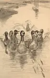 Canards suivant un banc de poissons by Félix Bracquemond, Plume et encre brune, lavis gris sur traits de crayon, sold Oct 2024