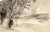 Jeune femme s’abritant de la pluie devant un paysage fluvial by Félix Bracquemond, Lavis brun et gris sur traits de fusain, sold Oct 2024