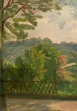 Paysage à la terrasse by Marie Bracquemond, Huile sur toile marouflée sur carton, sold Oct 2024