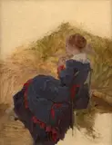 Etude de jeune femme assise à la robe bleue et rouge by Marie Bracquemond, Huile sur toile, sold Oct 2024