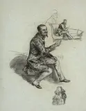 Feuille d’études, homme assis sur un canapé et couple d’élégants by Félix Bracquemond, Crayon noir sur papier bleu, sold Oct 2024