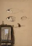 Feuille d’études, poissons et fenêtre ouverte by Félix Bracquemond, Aquarelle et rehauts de gouache sur traits de crayon, sold Oct 2024