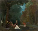Personnages de la commedia dell’arte dans un sous-bois en hiver by Félix Bracquemond, Huile sur toile, sold Oct 2024