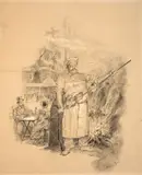 Cuisinier préparant des poulets à la broche devant une fête populaire by Marie Bracquemond, Crayon noir, estompe et rehauts de gouache blanche, sold Oct 2024
