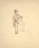Etude d’homme assis lisant, pour ‘Cuisinier préparant des poulets à la broche devant une fête populaire’ by Marie Bracquemond, Crayon noir, sold Oct 2024