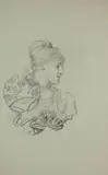 Femmes à l'éventail (dessin recto-verso) by Marie Bracquemond, Fusain sur papier bleu, sold Oct 2024