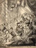 Verso : Danseurs et danseuses au tambourin devant un roi oriental et sa cour ; by Marie Bracquemond, Pinceau et encre noire, lavis gris sur traits de crayon (recto) Plume et encre brune, lavis noir et gris sur traits de c, sold Oct 2024