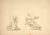 Deux études pour ‘Les Muses des arts’ : Etude de drapé pour l’Architecture et Etude de la Peinture by Marie Bracquemond, circa 1876, Crayon noir et estompe avec mise au carreau sur la figure de droite, sold Oct 2024