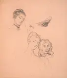Etudes de jeune femme au masque, petite étude de main à l’éventail by Marie Bracquemond, Crayon sur papier rose, sold Oct 2024
