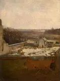 Paysage enneigé avec une ville dans le fond by Marie Bracquemond, Huile sur toile, sold Oct 2024