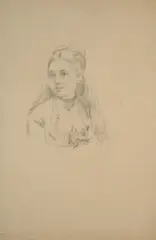 Recto : Portrait de Madeleine Burty ; Verso : Étude de femme assise by Marie Bracquemond, Crayon sur papier bleu, sold Oct 2024