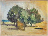 Arbres dans un paysage by Maximilien Luce, circa 1908, Huile sur carton, sold Dec 2024