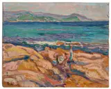 Côte rocheuses, personnages by Jean Misceslas Peské, Huile sur panneau, sold Dec 2024