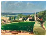 Paysage au village by Henryk Hayden, circa 1940, Huile sur carton, sold Dec 2024