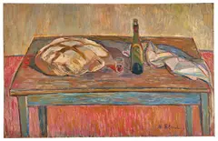 Nature morte au pain et à la bouteille de vin by Maurice Blond, circa 1954, Huile sur panneau d'Isorel, sold Dec 2024