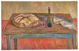 Nature morte au pain et à la bouteille de vin by Maurice Blond, circa 1954, Huile sur panneau d'Isorel, sold Dec 2024