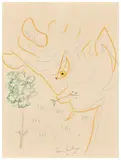 Tête de Faune à la brindille by Jean Cocteau, 1958, Crayon de couleur sur papier, sold Dec 2024