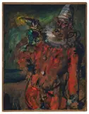 Le clown rouge by Georges Rouault, 1903, Gouache, tempera et aquarelle sur papier contrecollé sur panneau, sold Dec 2024