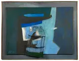 La cage aux oiseaux by Paul Colin, circa 1950, Huile sur toile contrecollée sur panneau de contreplaqué et cage en métal, sold Dec 2024