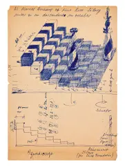 Projet pour une sculpture « Rose Selavy et Marcel Duchamp…mis à nu- descendant l’escalier, même by Karl Gerstner, circa 1965-1966, Stylo à bille bleu sur papier avec annotations diverses, sold Dec 2024