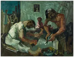 Pêcheurs, salaison (Grèce) by Jean Jansem, 1951, Huile sur toile, sold Dec 2024