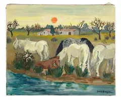 Chevaux au soleil rouge by Yves Brayer, 1987, Huile sur toile, sold Dec 2024