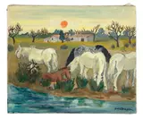 Chevaux au soleil rouge by Yves Brayer, 1987, Huile sur toile, sold Dec 2024