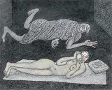 Looking to the Mirror by Jogen Chowdhury, Pen and ink and coloured pencil on paper, sold Apr 2012