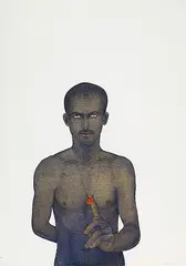 Red Taveez by Ali Kazim, Watercolour pigments on Wasli, sold Nov 2012