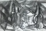 Jugs, Bottles and Fruits - I by K. M. Adimoolam, Charcoal on acid-free paper, sold Jan 2012
