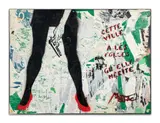 Cette ville a les folles qu'elle mérite by Miss.Tic, 1997, Pochoir et peinture aérosol sur affiches déchirées collées sur toile, sold Nov 2024
