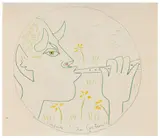 Dessin-maquette pour une céramique intitulée Flûtiste by Jean Cocteau, 1957, Crayon de couleur gras sur papier, sold Nov 2024