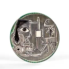 Jacqueline au chevalet - 1956 (A.R # 333) by Pablo Picasso, E.O. terre de faïence blanche, décor aux engobes sous couverte partielle au pinceau, patine grise Ivoire, noir, vert, sold Nov 2024