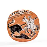 Picador et taureau - 1959 (A.R # 438) by Pablo Picasso, E.O terre de faïence blanche, décor à l'engobe sous couverte partielle au pinceau, patine rouge, sold Nov 2024