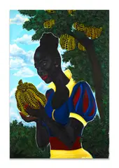 Girl with pumpkin (black snow white), 2023 by John Madu, Acrylique sur toile, sold Dec 2024
