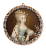Portrait de femme en robe bleue et blanche près d’un bouquet de fleurs by Pio-Ignazio-Vittoriano Campana, Aquarelle et gomme arabique sur ivoire, de forme ronde, sold Nov 2024